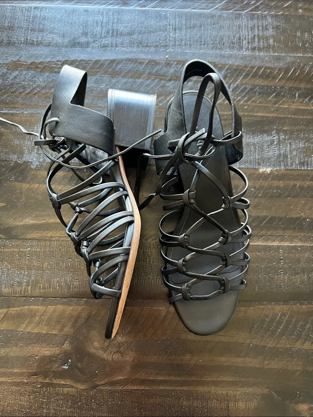 Vince Black Knotted Leather Strappy Sandals with Block Heel